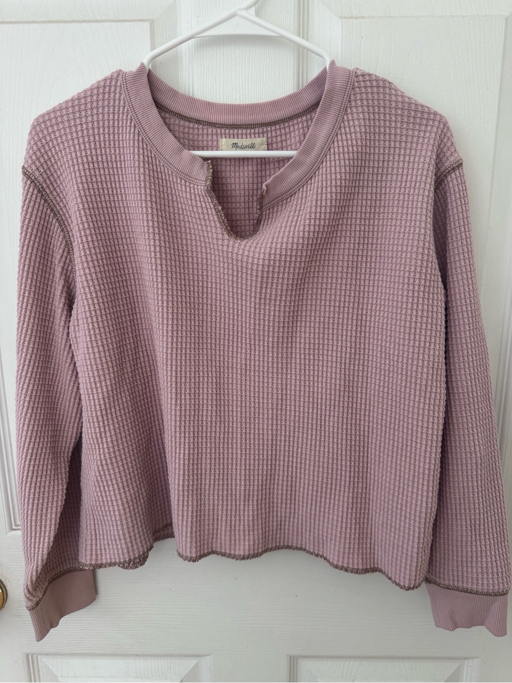 Madewell Pink Cropped Waffle-Knit Notch Neck Top Size-M